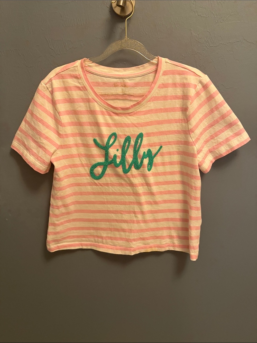Lilly Pulitzer Pink & Cream Striped Short-Sleeve Tee with Green Script Logo